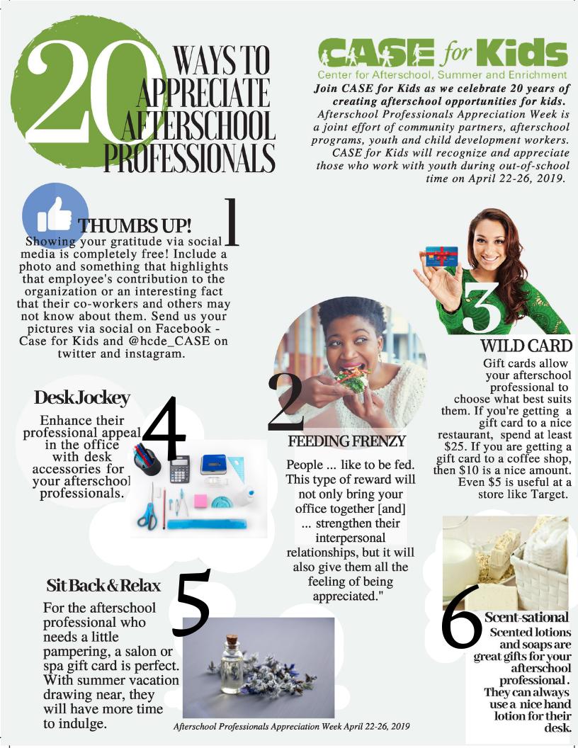 HCDE_CASE's tweet image. Here are 20 WONDERFUL ideas to help you figure out what to get your afterschool professionals for #APAW! #CASEforKids #makingafterschoolcool