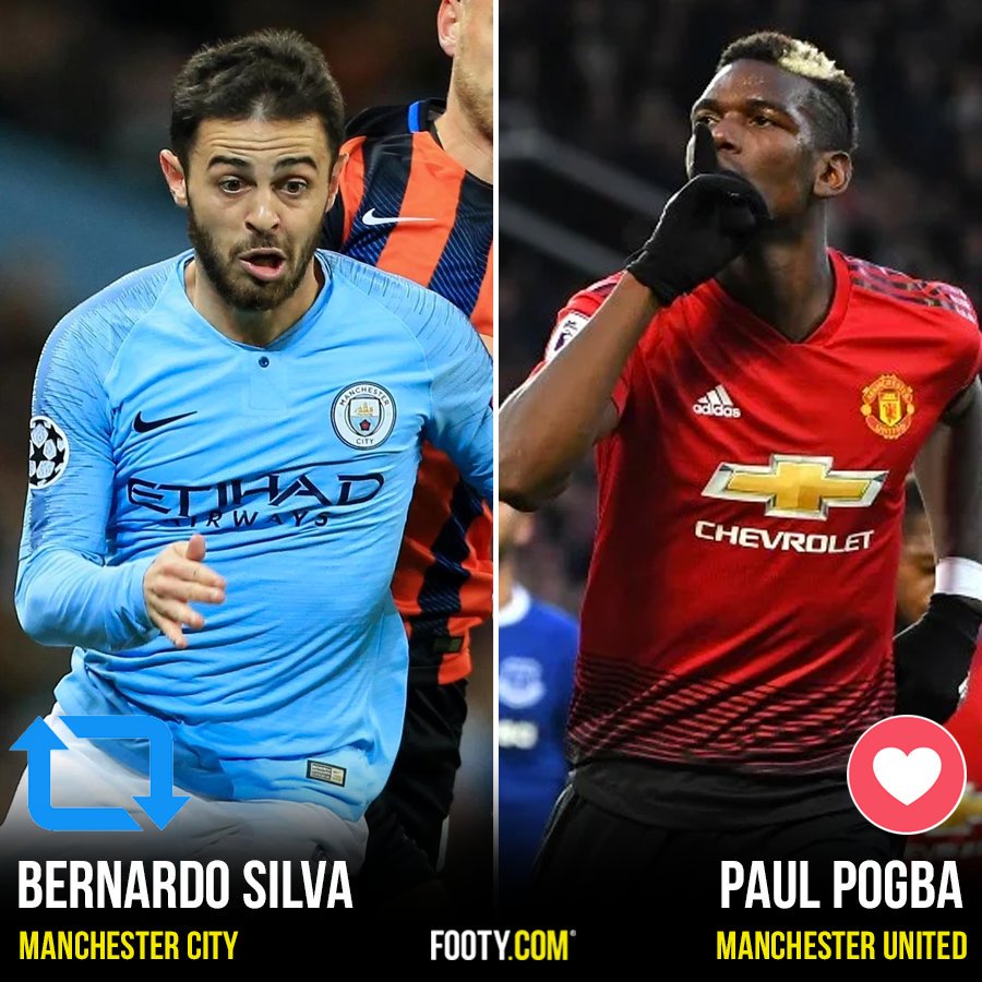 footydotcom's tweet photo. Two players set to go head to head tonight, but if you could only have one of these, who would you take? 🤐

🔁 = Bernardo Silva
❤️ = Paul Pogba 

#munmci https://t.co/90O8jByZbq