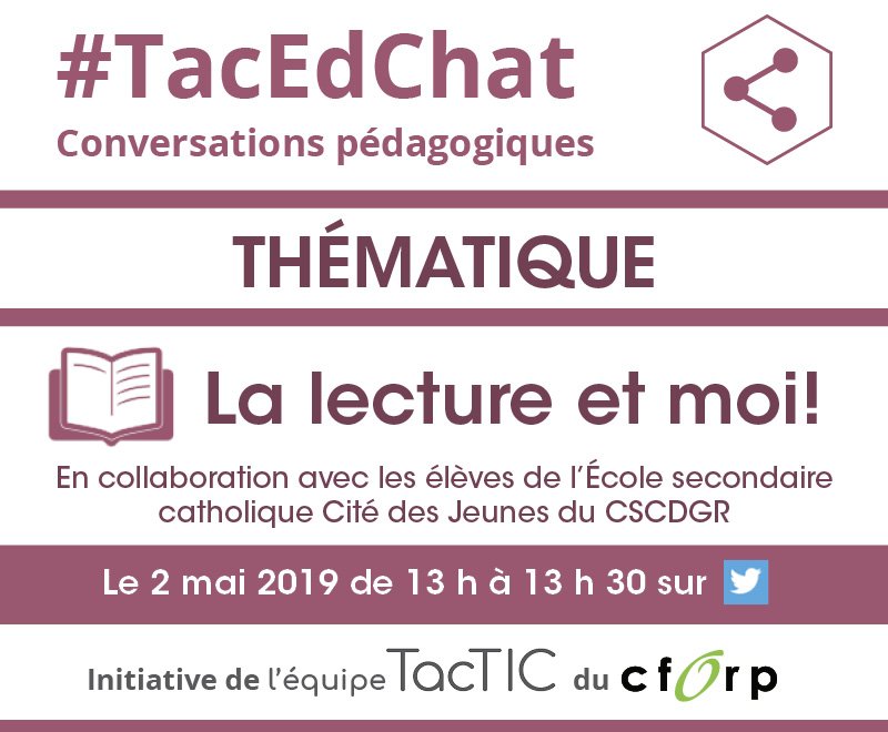 Nous vous attendons, le jeudi 2 mai, en vue de la prochaine causerie #TacEdChat. La conversation se fera en collaboration avec les élèves de l'École secondaire catholique Cité des Jeunes du <a href="/CSCDGR/">CSCDGR</a>.