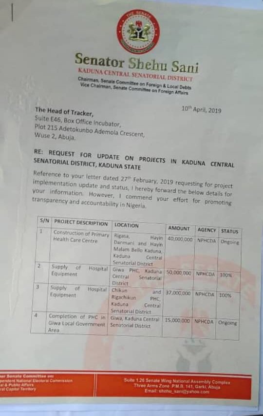 TrackaNG's tweet photo. BREAKING!!!
Sen. @ShehuSani, representing Kaduna Central Senatorial District, Kaduna State, has responded to our request. We appreciate the swift response.
We will track these projects in the letter and make our findings known to the people. Thank you!
#AskQuestions https://t.co/wf86qSZCxV