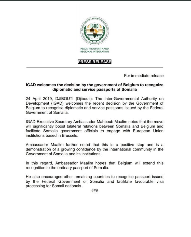IGADsecretariat's tweet photo. #IGAD issues a statement laud’g decision by Govt of #Belgium in recogniz’g dipl’c &amp; service passports from#Somalia. @amb_mahboub said the move demonstrates confidence on the Fed Gov and will facilitate its engagement wiz European Inst’ns. @BelgiumMFA @TheVillaSomalia @M_Farmaajo https://t.co/GoMjaEIGDC
