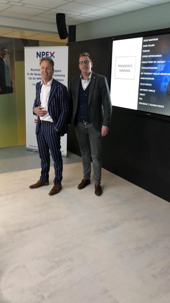 npex's tweet photo. NPEX wil Enrico Grobben, Algemeen Directeur Felloo, en Marthijn Groenewoud, Sales Director, hartelijk danken voor de interessante beleggersbijeenkomst. Duidelijke uitleg over wat een werkplek in de cloud is. https://t.co/zi33slEnbs