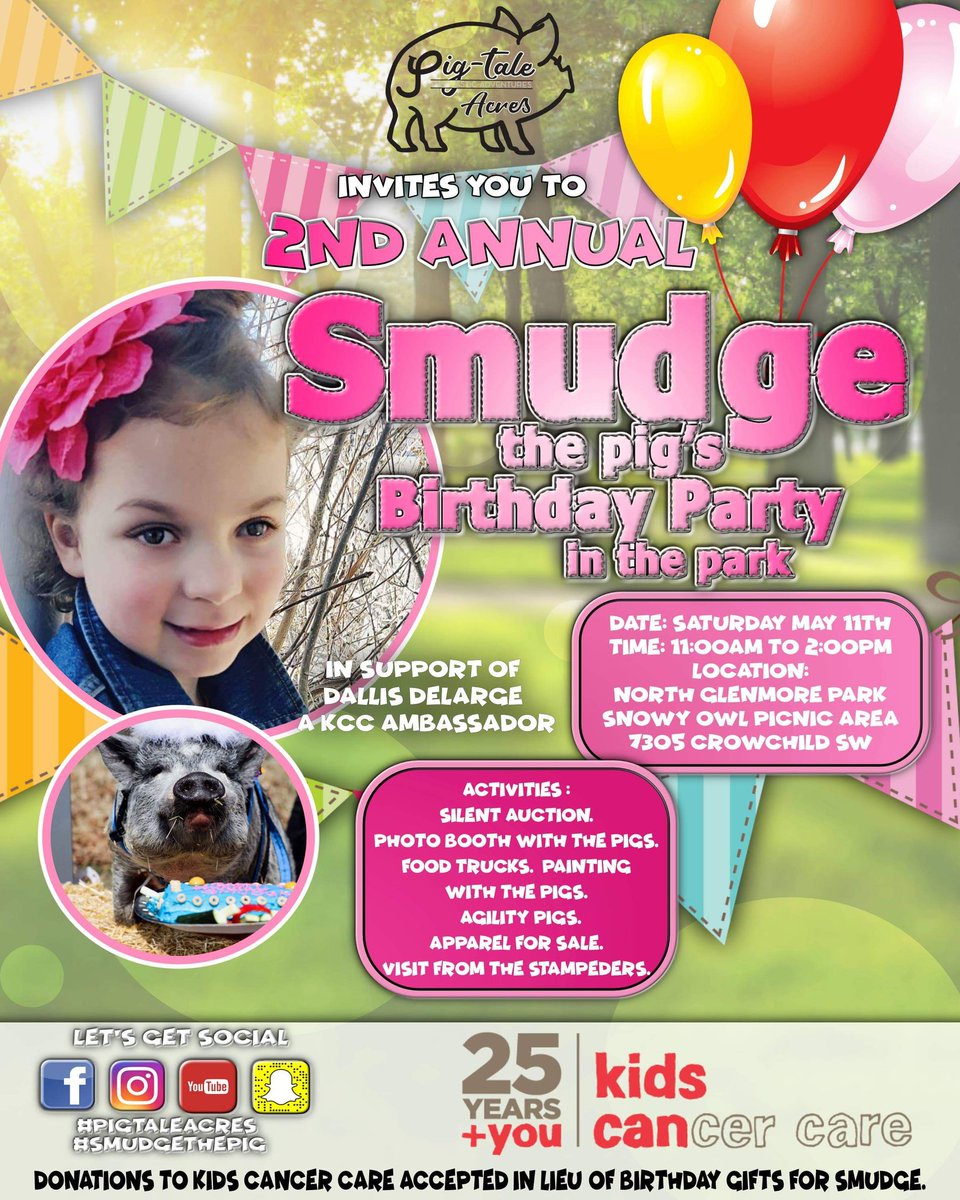 Pigtaleacres's tweet photo. Support Kids Cancer Care with our upcoming 2nd annual PiG Party In the Park.  Looking for items for our silent auction, entertainment.  Please share 💕 #yycparty #charity #pigtaleacres #smudgethepigturns4  @Mookalicious @christopher_pig https://t.co/llFONTltOz