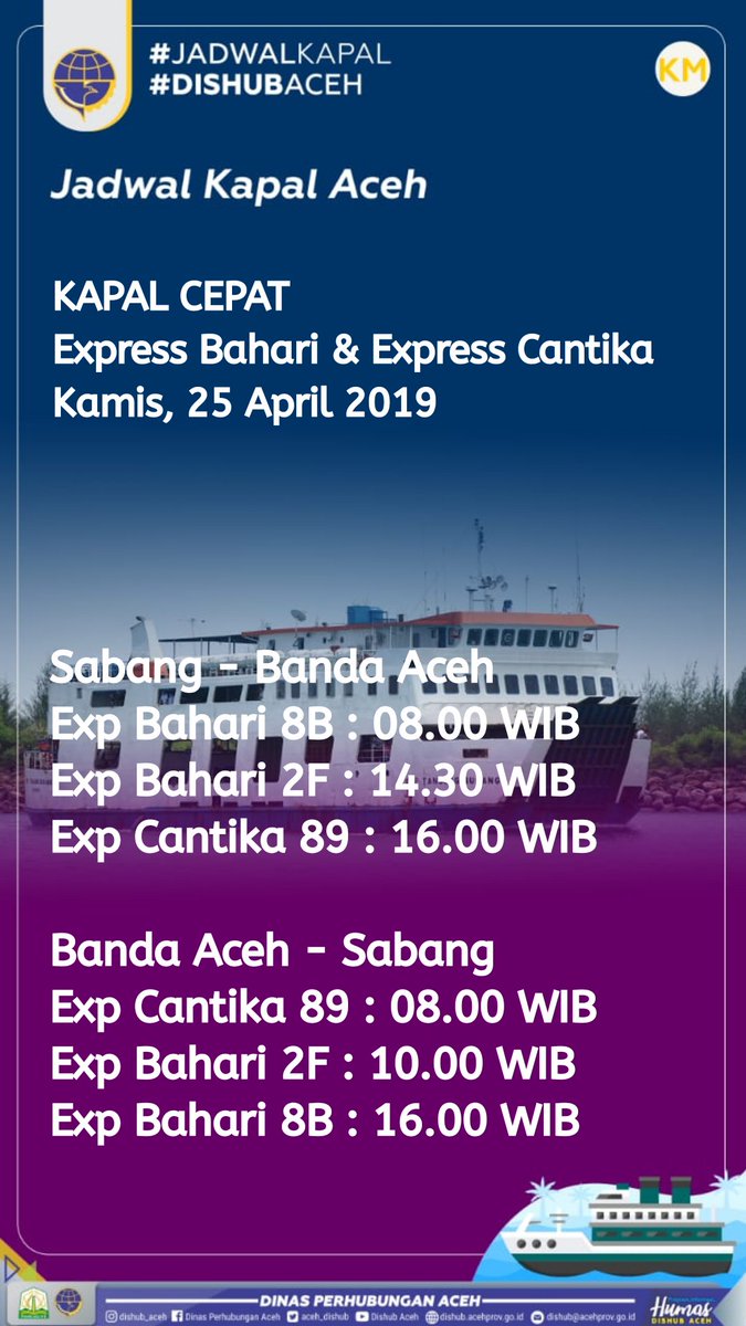 dishub_aceh's tweet photo. Ayo #RakanModaAceh yang butuh #jadwalkapal utk besok hari, silahkan dicek disini..!! 😊😊
Semoga perjalanannya menyenangkan..!! 😊😊
#DishubAceh #AcehHebat #jadwalkapal https://t.co/E2WL1jFTC9