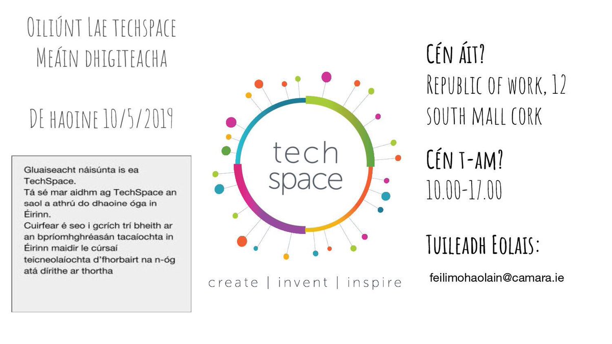 misemuscrai's tweet photo. CÚRSA LÁ AMHÁIN sna Meáin Chruthaitheachta do dhaoine fásta (msh. ceannairí chlubanna óige /múinteoirí scoile srl) eagraithe ag TechSpace &amp; @CamaraIreland 

https://t.co/6iv1X7jyhx 

@ColGhobnatan @scoilmhuirebg @ionadculturtha @saolodheas #Saorinaisce #teicneolaíocht https://t.co/WM5EPZio6X