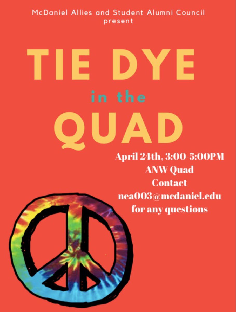 mcdaniel_sac's tweet photo. Today's the day! Come to the ANW Quad from 3-5 PM to tie dye a FREE tshirt with SAC and Allies! https://t.co/xVLXFi79aP