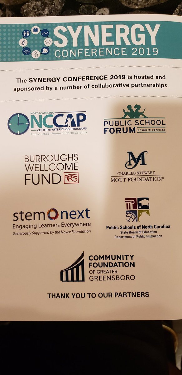 amays_bwfund's tweet photo. Kudos to the team of supporters and sponsors for NC's statewide afterschool @ncafterschool Synergy Conference.  It takes a village!
@STEMNext @CFGGnews @ncpublicschools @MottFoundation @theNCForum @BWFUND
@ncstem #synergy2019 https://t.co/yMqaFZ2mbj