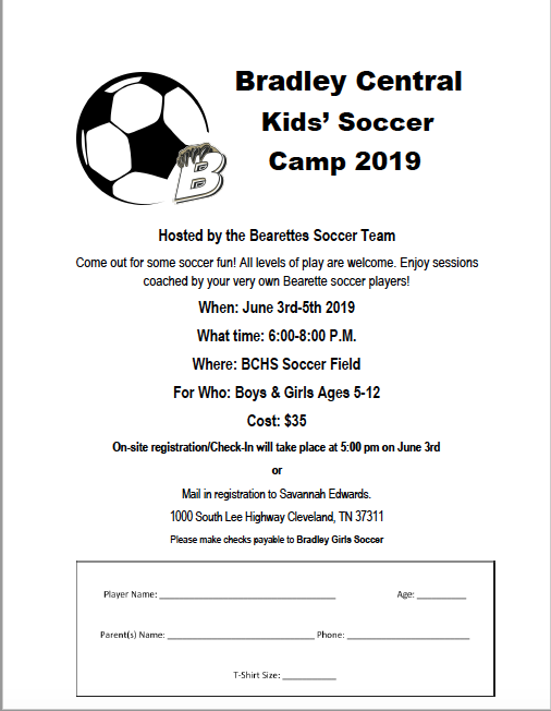 Kids Camp will be June 3rd-June 5th / 6:00-8:00 pm. Registration will be held on site on June 3. Players will be coached by the Bearettes soccer team and coaching staff. We will have theme nights and each player will receive a t-shirt! Come join in on the soccer fun this summer!