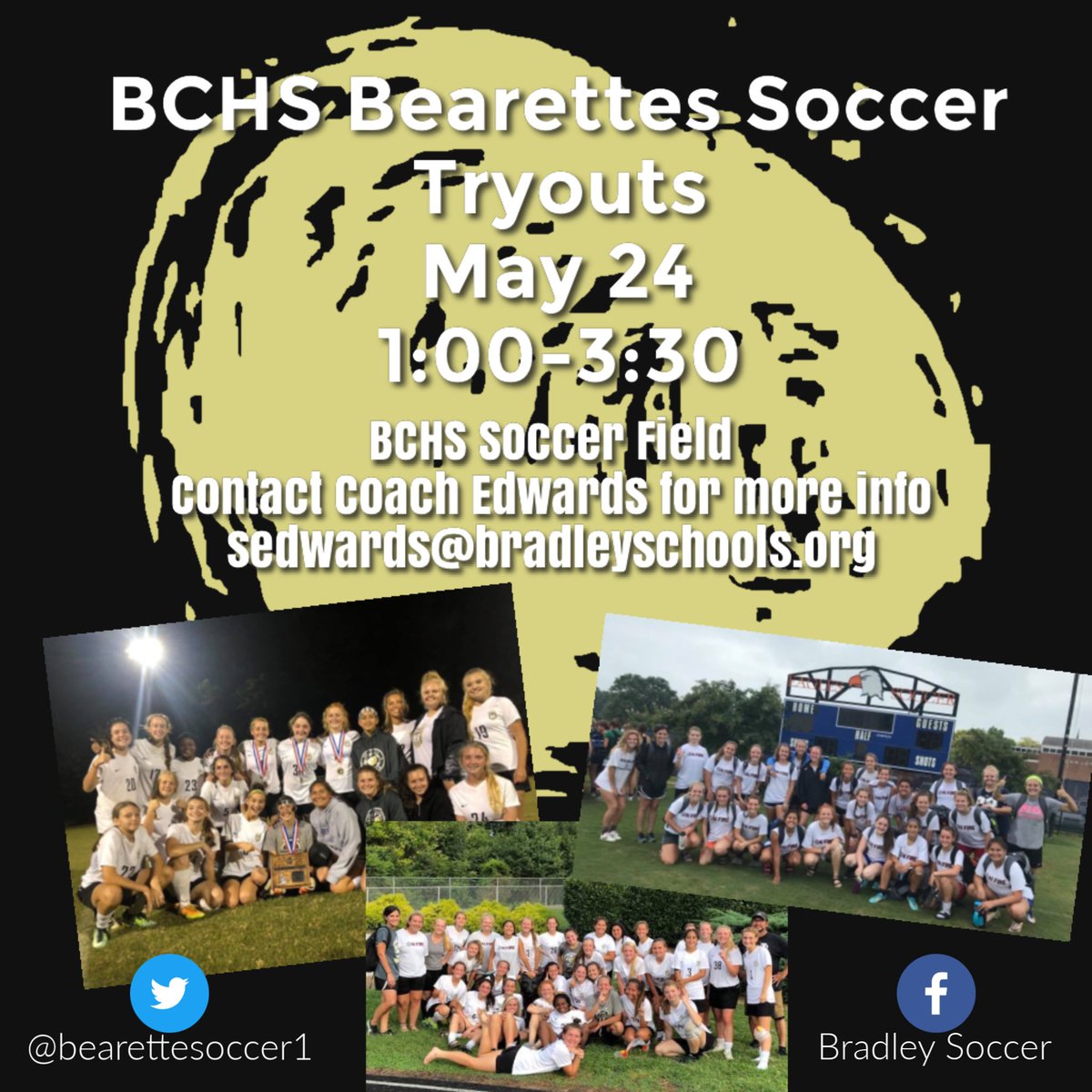 Bearette Soccer tryouts will take place Friday, May 24th from 1:00-3:30. Please contact Coach Edwards for more info or any questions.