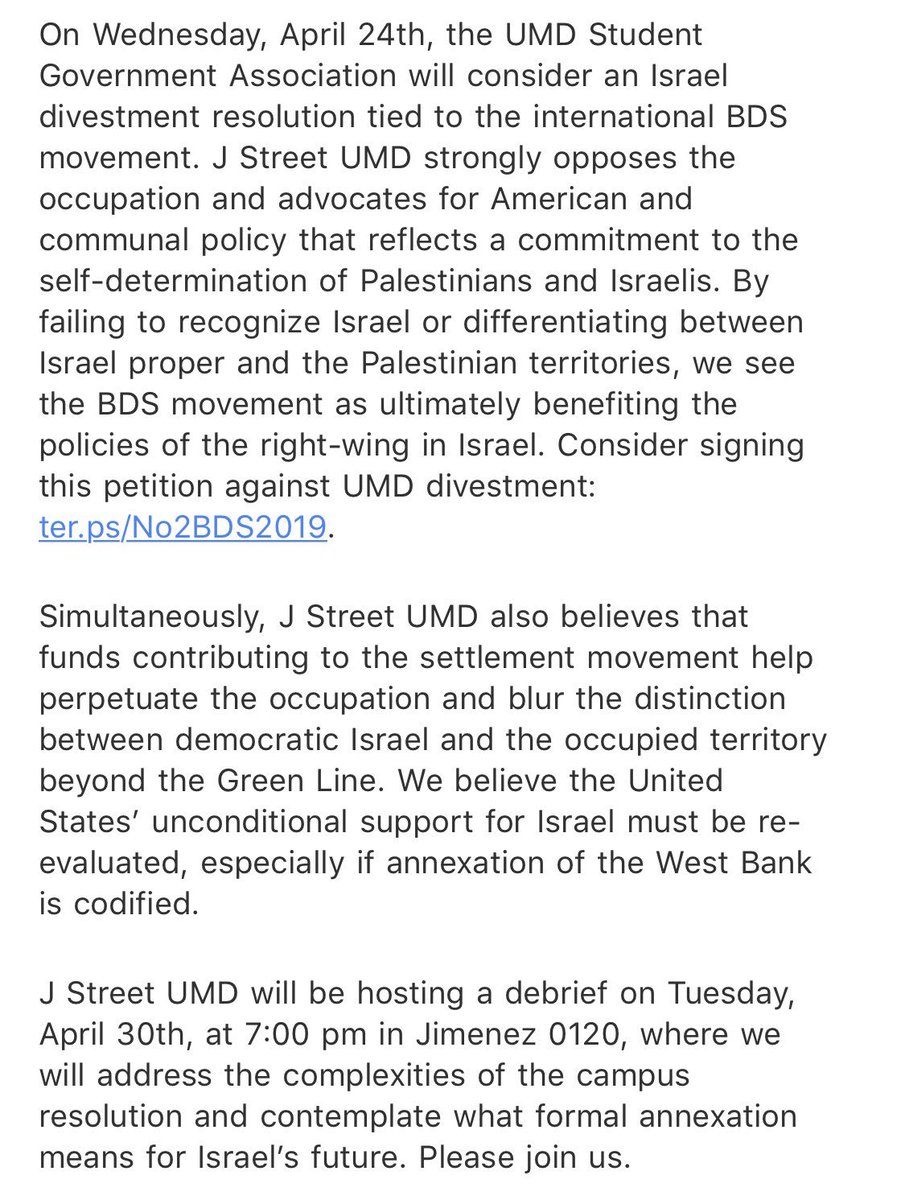 JStreetUMD's tweet photo. J Street UMD statement on resolution S-19-04-17. Whether you’re speaking later today or watching the livestream, join us and Rabbi Miriam Tuesday, April 30th to debrief. https://t.co/LgBfsmohro