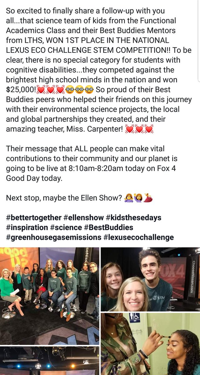 LthsStems's tweet photo. Best news ever! Click on screenshot to read inspiring story of a unique high school science team, made up of kiddos w/ cognitive disabilities, trying to save our planet &amp; just won a national STEM competition.🤓🌎
@LebanonTrailHS @friscoisd @bestbuddies @TheEllenShow @mindykaling https://t.co/LYV0oLfLWe