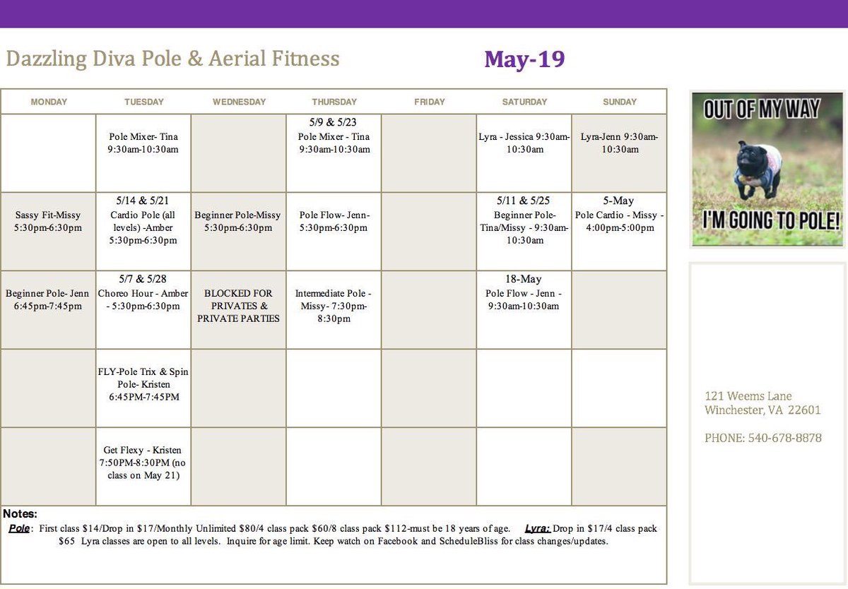 DivasWinchester's tweet photo. May schedule is ready!!  #polefitness  #aerialhoop  #polestrong  #polewinchester https://t.co/n0CyvBe1S4