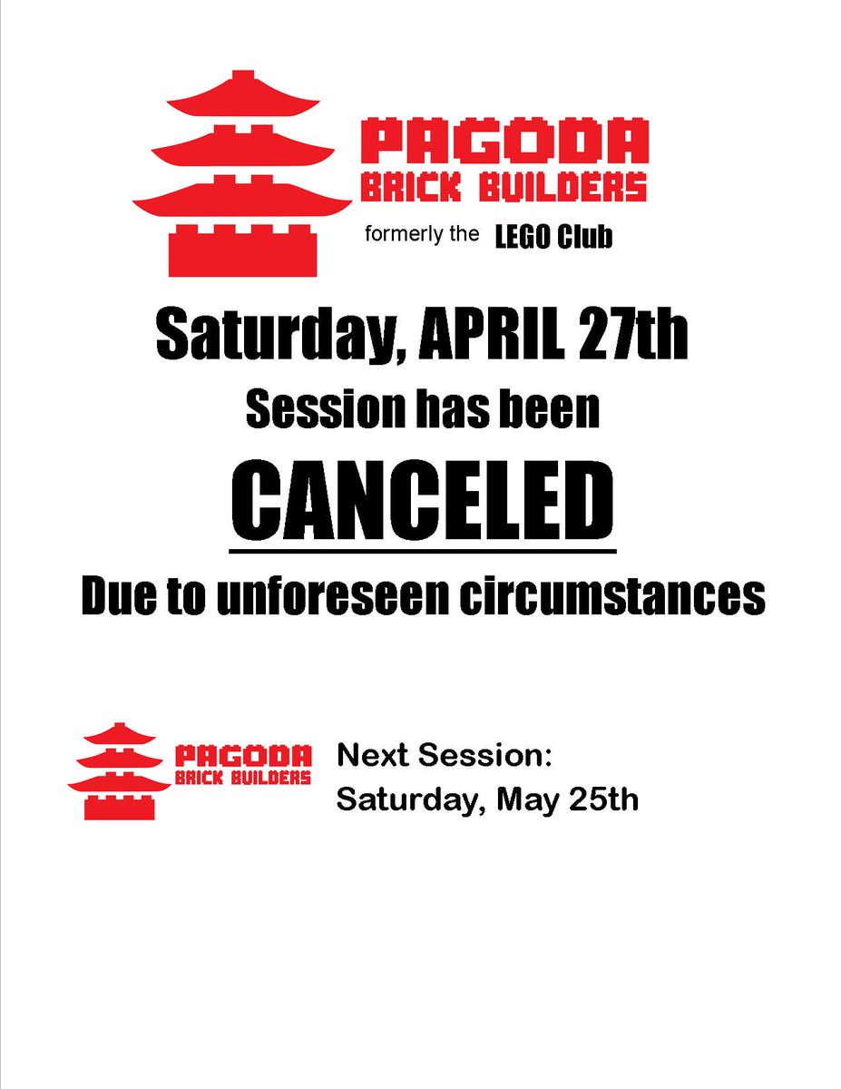 PLEASE NOTE: This month's session of the Pagoda Brick Builders at the Pagoda #ReadingPagoda has been CANCELED - we will meet again on Saturday, May 25th. Thank you for your understanding!