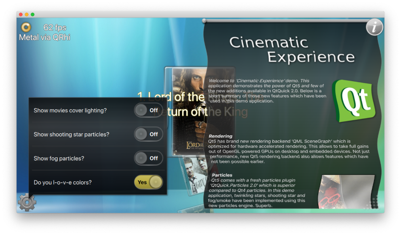 alpqr's tweet photo. Good old Qt 5 Cinematic Demo running on...Vulkan, Metal and D3D11.  (including the custom ShaderEffect items, except for particles) The  #QtQuick port onto QRhi is starting to become usable. #qtdev @QUItCoding https://t.co/O7X2NXPWtb