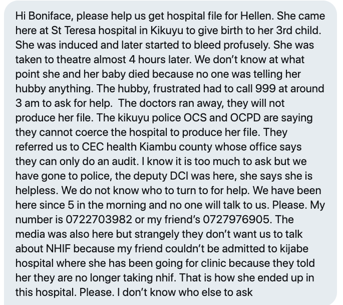 bonifacemwangi's tweet photo. Hellen was admitted at St. Teresa hospital to give birth to her 3rd child. She was induced and later started to bleed profusely. She was taken to theatre almost 4 hours later. We don’t know at what point she and her baby died. We don't know who to turn to for help. - @joesuzie https://t.co/8ZDdU1AMTx