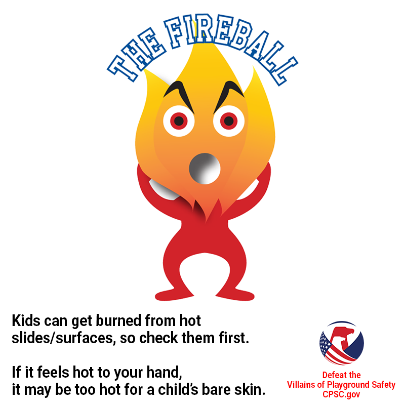 A character named The Fireball. A short fellow with a flame for a head and a circle for a mouth. The text reads: Kids can get burned from hot slides/surfaces, so check them first. Fi it feels hot to your hand, it may be too hot for a child's bare skin.