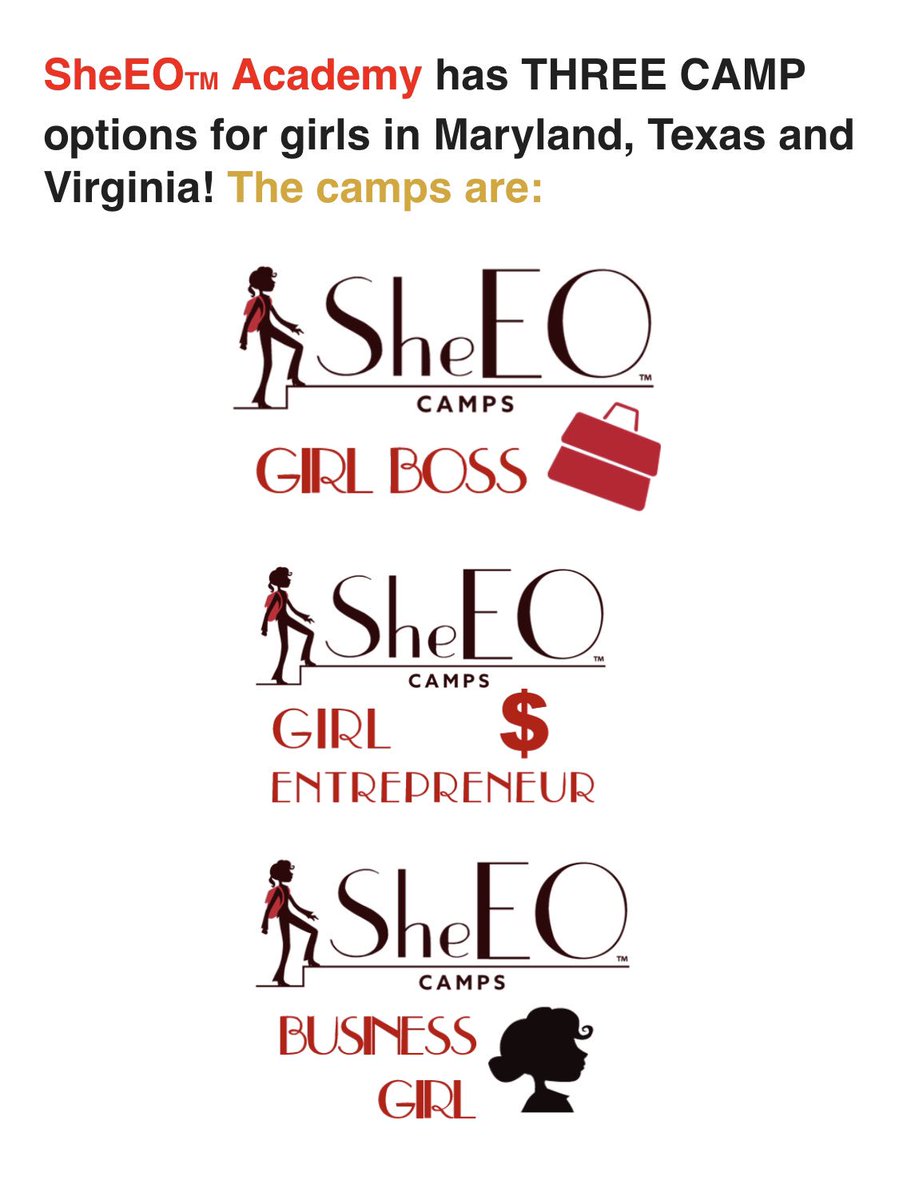 sheeoacademy's tweet photo. Our vision is to #empower the #CEO in every #GIRL! We have 3 #daycamp options to do that. #GirlBoss, Girl #Entrepreneur for ages 7-12 and #Business Girl for teens ages 13-16. Read about our #girlsonly #financialliteracy #lifeskills programs at https://t.co/iuAC1JHEuh 
#BEaSheEO https://t.co/TVaRoMCF7r