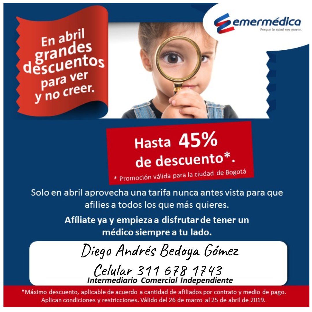 Hoy último día con descuento hasta del 45% en el plan integral familiar de <a href="/Emermedica_SAP/">Emermédica SA</a> somos la empresa de atención médica domiciliaria preferida en Colombia. #PorqueTuSaludNosMueve
