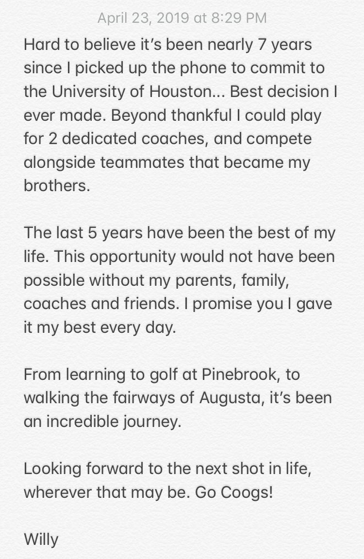 MWilliamsGolf's tweet photo. Yesterday I hit my last shot as a college golfer. Thanks for the memories @UHCougarMGolf. Thanks for the opportunity @JonathanDismuke @GOLFIQ2. https://t.co/nqKQPz2cLI