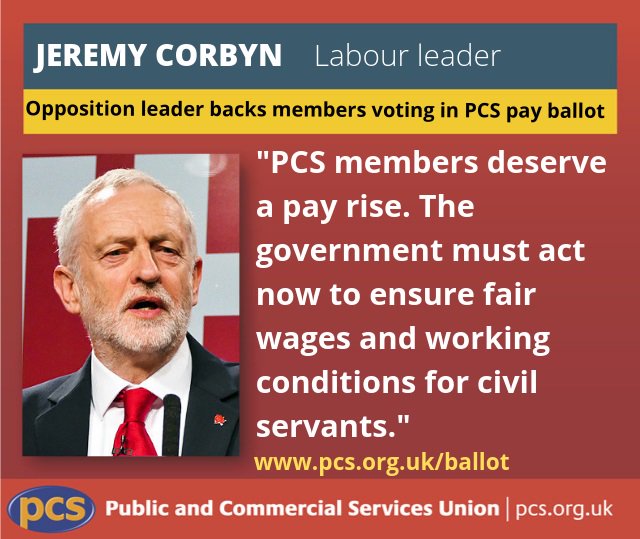 pcs_union's tweet photo. Labour leader @jeremycorbyn has urged the government to act to give civil servants a decent pay rise in a solidarity message to #PCS members voting in our postal pay ballot. https://t.co/GUXsjI3o9v #PCSpay2019 #PostToVote https://t.co/3mOEgoBDlr