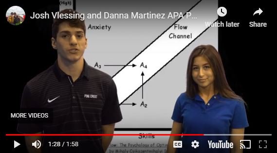 PineCrestSch's tweet photo. Danna Martinez '20 &amp; Josh Vlessing '20 created a short film called "Flow Theory" for the APA Psycshort Festival and Competition. They need your help to give them an opportunity to win the “Audience Favorite” award. Watch and vote today!  https://t.co/02rzQndef9 https://t.co/Yu2heHni9a