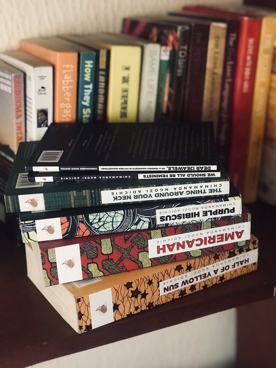 StreemBooks's tweet photo. Still on the personal library files. 

I have a special relationship with @ChimamandaReal’s books. I got Purple Hibiscus as a present in primary school and I’ve been hooked ever since.

I’ve read all her books at least twice and some (*coughs* Purple Hibiscus) probably 5 times. https://t.co/d1sCDJyXTl