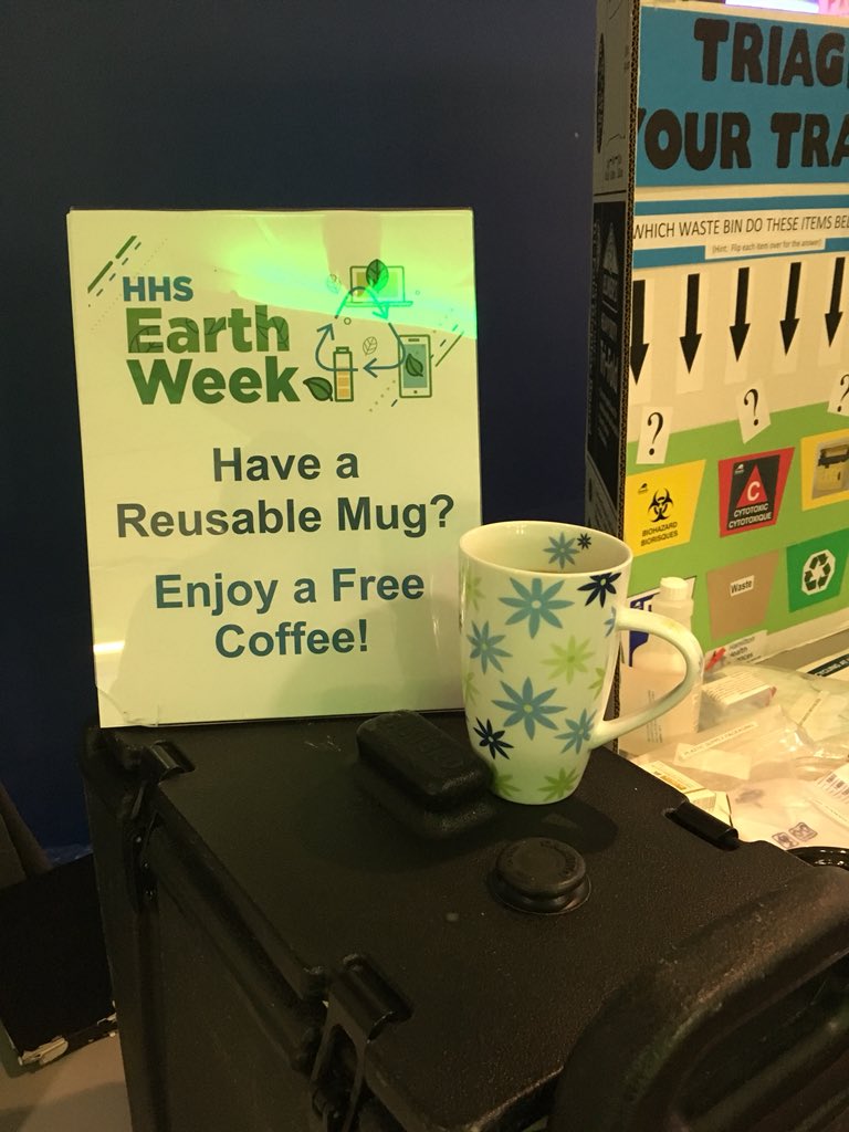 Hey @HHS_staff if you are @HamHealthSci  JHCC come down to Nora’s and get a free coffee and see what @vlbrzozowski has for #Earthweek2019. #batterychallenge2019