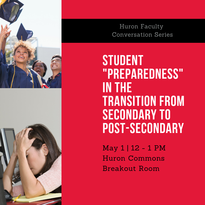 HuronLibrary's tweet photo. Join our Teaching &amp; Learning Librarian, @CollaLibrarian, for an informal conversation about our understanding of what it means for a high school student to be prepared for post-secondary! May 1, 12-1, Huron Commons Breakout Room. Hope to see you there! https://t.co/lFDID0Orc8