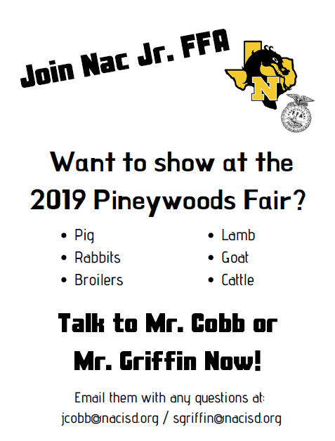 NacISD_CTE's tweet photo. Nacogdoches Junior FFA is preparing for the 2019 Pineywoods Fair. Nacogdoches ISD students in grades 3-8 are eligible to participate. Parents, please contact Mr. Cobb or Mr. Griffin at Nacogdoches High School for more information. https://t.co/xioO3atZoJ