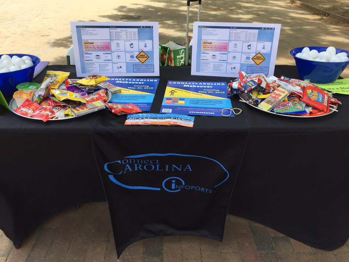 connectcarolina's tweet photo. Happening now in The Pit! UNC Students - Visit the #CCMakeover table to see how changes are going to make course enrollment on your phone easy peasy. Stop by the ConnectCarolina Makeover table to grab a snack and a prize and get a sneak peek of the improved student home page. https://t.co/ISbwAwXMD0