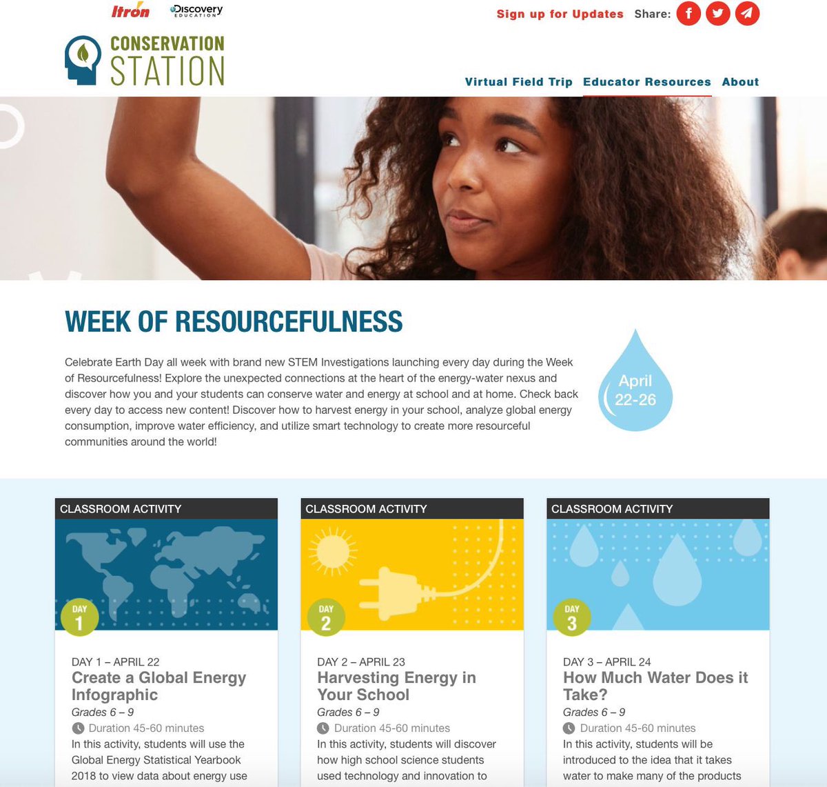 Energy &amp; water are critical to our modern way of life. <a href="/discolearning/">Disco Learning Media</a> is proud to support the #WeekofResourcefulness w/ our partner <a href="/ItronInc/">Itron, Inc.</a> &amp; new curriculum from <a href="/DiscoveryEdu/">Discovery Education</a>. All this week new lessons on conservation &amp; sustainability will be posted @ learntoconserve.com.