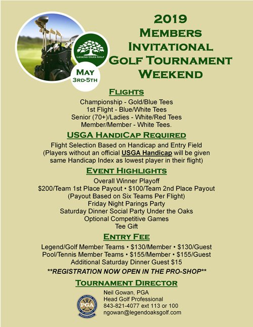 LegendOaksGolf's tweet photo. Neil Gowan, Head Golf Professional, and the Legend Oaks Golf committee invite you to our Legend Oak's 2019 Member Invitational! Contact Neil at 843-821-4077 ext 117 or email ngowan@legendoaksgolf.com https://t.co/vzCGX2HEPj
