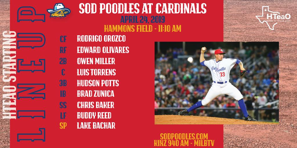 Rise and shine, it's ⚾ time! 11:10 AM first pitch in Springfield as the Soddies take on the Cardinals. Here's our @HTeaO starting lineup! Tune in on 940 AM KIXZ or bit.ly/SodPoodlesRadio starting at 10:50!