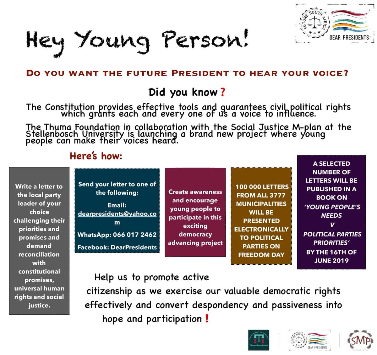 Justice_Seyisi's tweet photo. @Jarrod_Delport Absolutely, Jarrod! Young People are the future! Let's collaborate and make sure young people are part of the decision makers in the future! Join our #DearPresidents and let's #MakeDemocracyWorkForAll #25YearsOfDemocracy https://t.co/6QwI2tkZAH