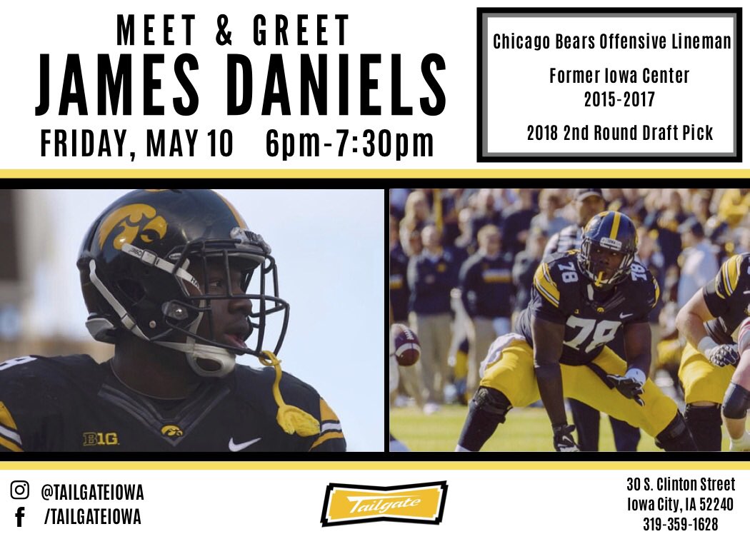 TailgateIowa's tweet photo. This will be a fun one! Come out and meet Chicago Bears Offensive Lineman James Daniels at the store, Friday, May 10th 6-7:30pm. Claim your tickets using the link in our bio. Go Hawks! https://t.co/VNLX9NmlRY