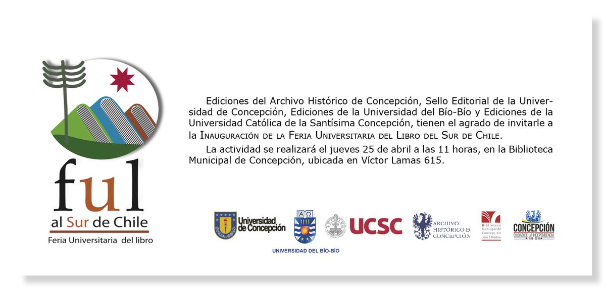 extensionubb's tweet photo. Este 25, 26 y 27 de abril, participaremos como Ediciones UBB en la Feria Universitaria del Libro del Sur de Chile, a realizarse en Concepción. La inauguración será en la Biblioteca Municipal de dicha ciudad a las 11 horas, en calle Víctor Lamas 615. https://t.co/364LMCRhct