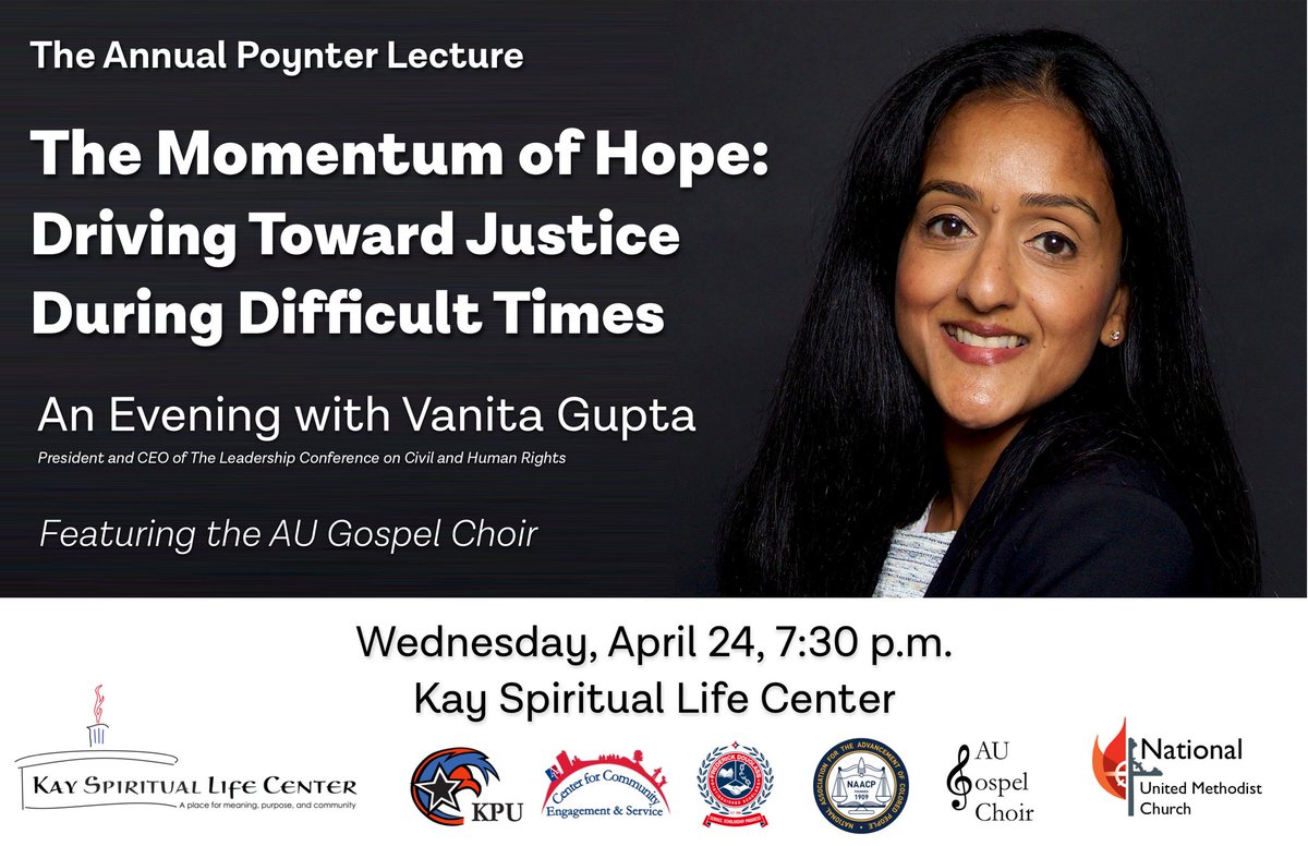 Do not miss out on @aukaychapel's Annual Poynter Lecture with <a href="/vanitaguptaCR/">Vanita Gupta</a>. Listen to the President and CEO of 
<a href="/civilrightsorg/">The Leadership Conference</a> discuss how to drive to justice during difficult times. The lecture takes place tonight, 7:30 pm in Kay and features a performance from @augospel.