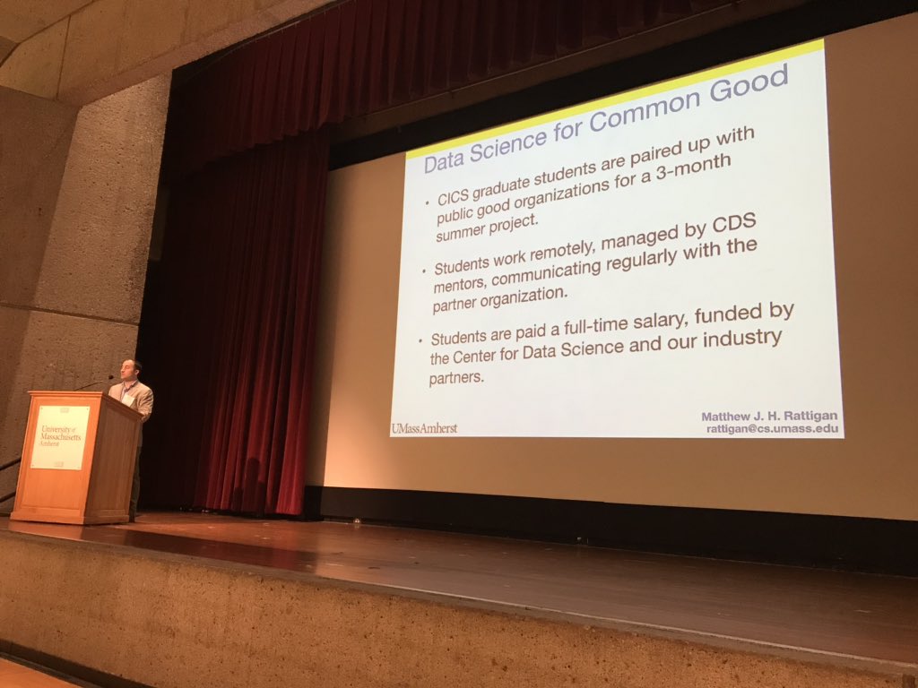 UMassDataSci's tweet photo. Matt Rattigan on our #DataScienceForCommonGood initiative. Teams of #datascience students working for a summer on a #commongood #publicinterest project. #computingforcommongood #umassdatascience https://t.co/JfqNVNLJcc