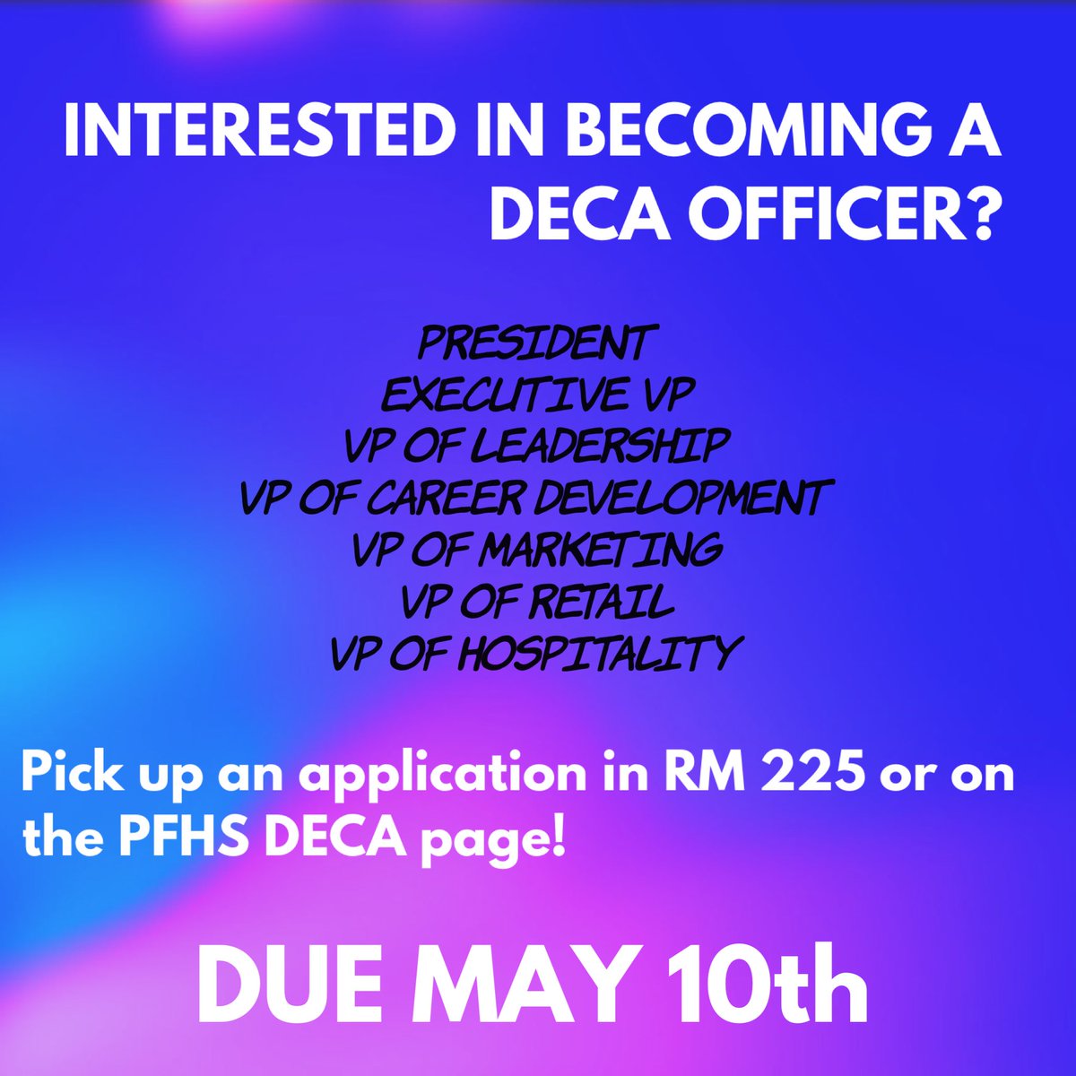 DECA Officer Application’s 2019-2020 are now available(link in bio)! Applications must be turned in to Smalwood by May 10th. Teacher recommendations must be given a week before the due date! 🔷