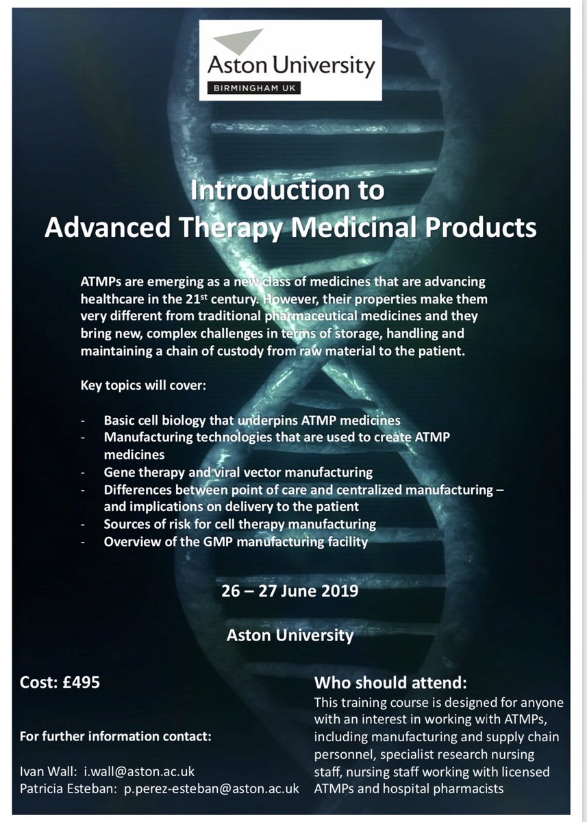 Dr Patricia P Esteban (@patripesteban) on Twitter photo Join us in our new 2-day course at <a href="/AstonUniversity/">Aston University</a> if you are interested in learning more about ATMPs, from the underpinning biology to their real world application. Please RT if you know anyone who might be interested, and email if you have any questions! Join us in our new 2-day course at <a href="/AstonUniversity/">Aston University</a> if you are interested in learning more about ATMPs, from the underpinning biology to their real world application. Please RT if you know anyone who might be interested, and email if you have any questions!