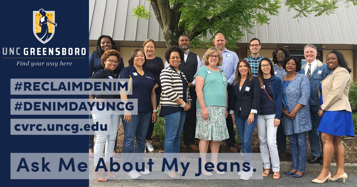 VLynn1920's tweet photo. Check out UNCG HR supporting survivors of sexual violence/assault! We believe that there is no excuse and never an invitation to rape. We stand in support of survivors. Proud to be a part of a talented and caring team and campus community of Spartans. #ReclaimDenim #DenimDayUNCG https://t.co/9Ujil2BeaM
