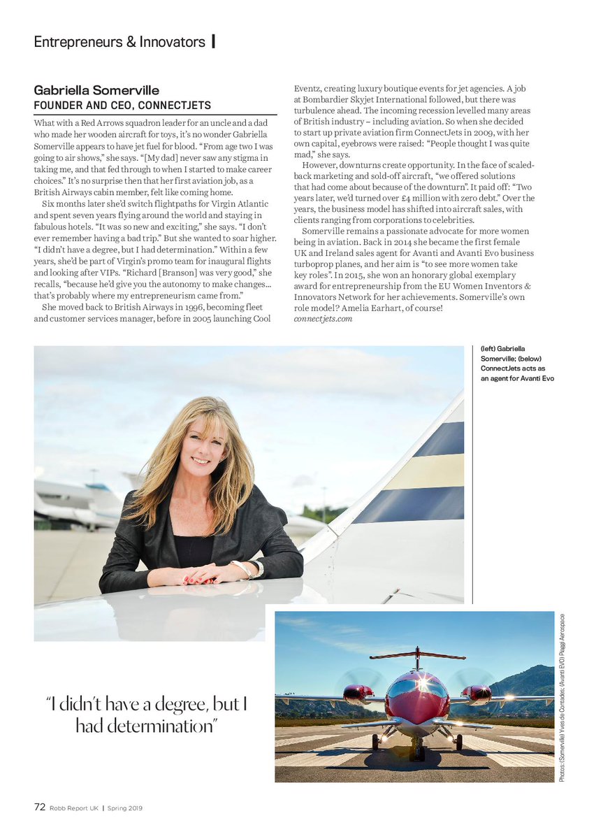 Delighted that our CEO Gabriella Somerville is featured  in the latest edition of the <a href="/RobbReport/">RobbReport</a> #entrepreneurs &amp; #innovators showcasing six entrepreneurial giants keeping the flag flying in the UK today! #businessaviation #privatejet #aviation #ebaa #robbreport #entrepreneurs
