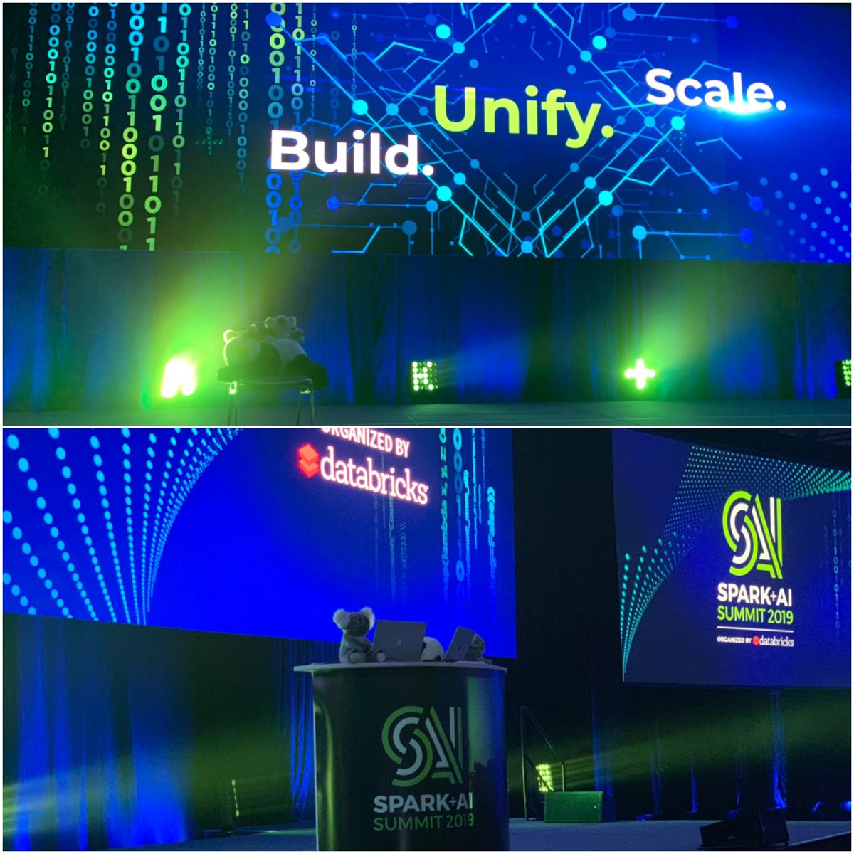 Koalas on the stage <a href="/SparkAISummit/">SparkAISummit</a> rocking &amp; cuddling. What’s going on with #Koalas?
