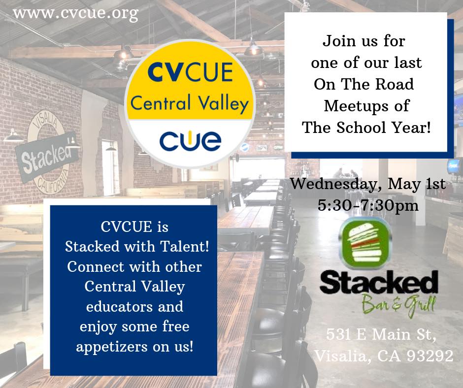 cvcue's tweet image. Central Valley CUE is stacked with talent!  Join us next Wednesday, May 1st as we celebrate YOU..the talented, passionate educators &amp;amp; administrators with one of our last On The Road Meet-Ups of the year.  

Appetizers on us!  

#WeAreCUE #cvtechtalk