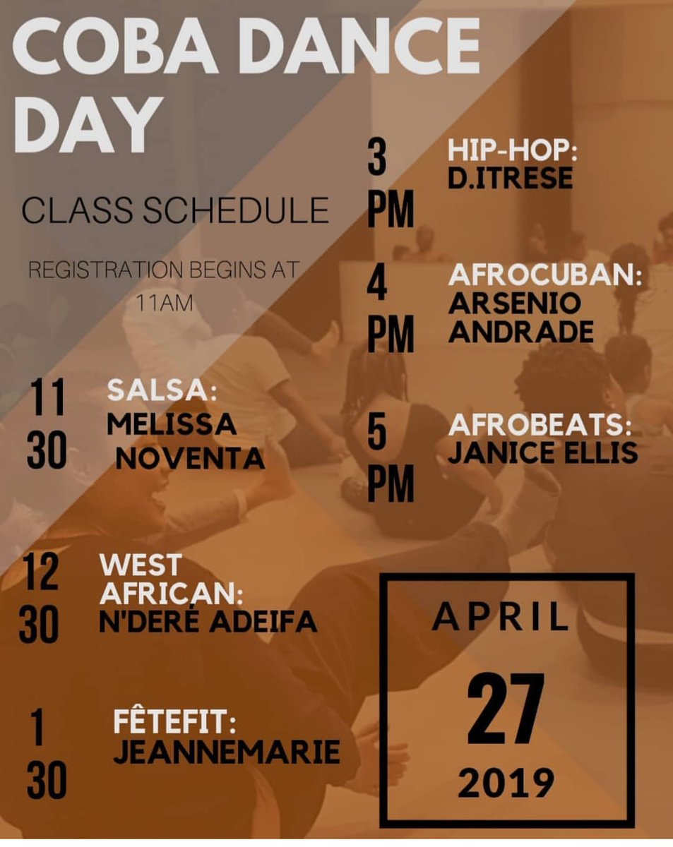 Check out all of the incredible dance styles offered at the COBA DANCE DAY FUNDRAISER coming up this Saturday! $10 per class or $30 gets you an all day pass!
MORE INFO at the event page.
facebook.com/events/3934088…
#AfricanHeritage365 #dancetoronto #AfroCaribbeanDance #AfroCaribbean