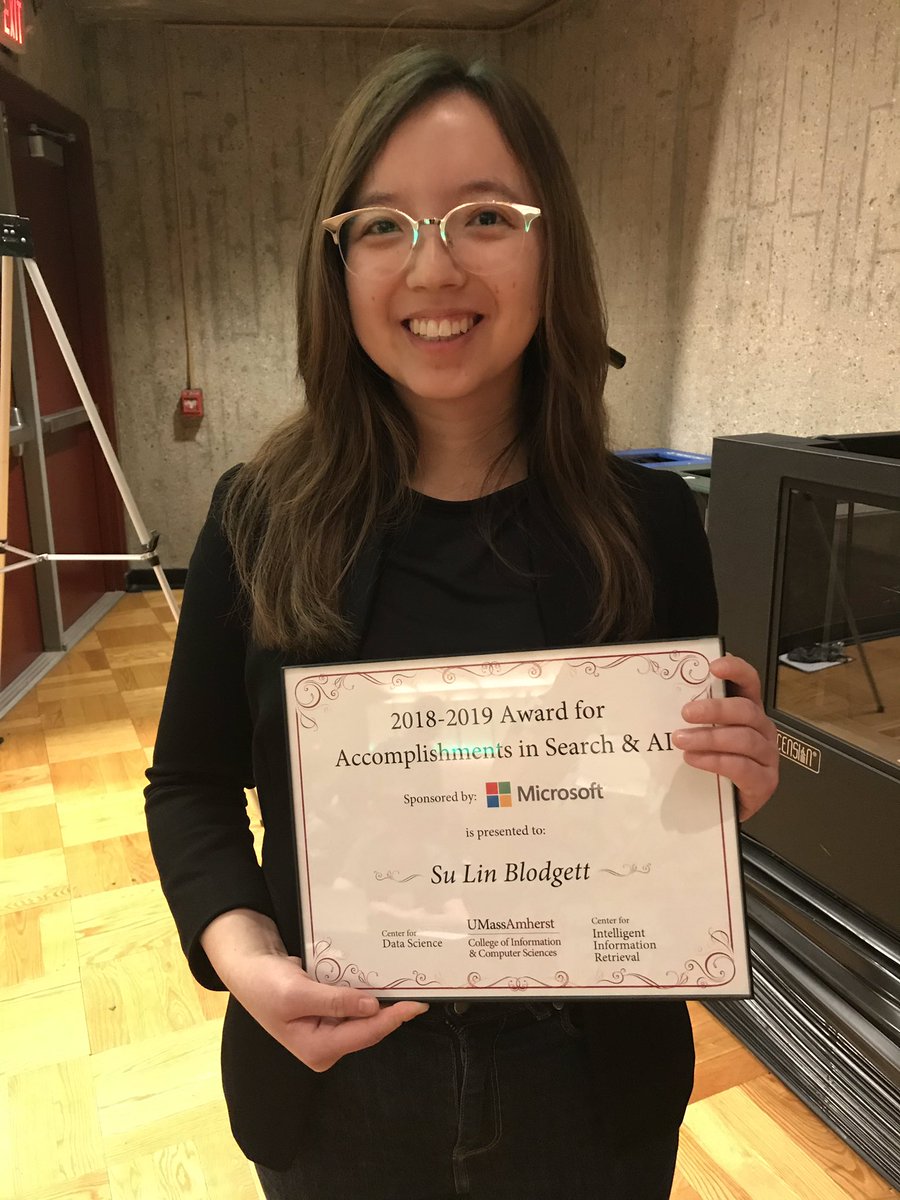 UMassDataSci's tweet photo. Congrats to @umasscs PhD student Su-Lin Blodgett on receiving the Achievement in Search & #AI award, sponsored by @microsoft, for her work on #NLP to analyze social media content and sentiment. #umassdatascience https://t.co/MXXmPYAxyx