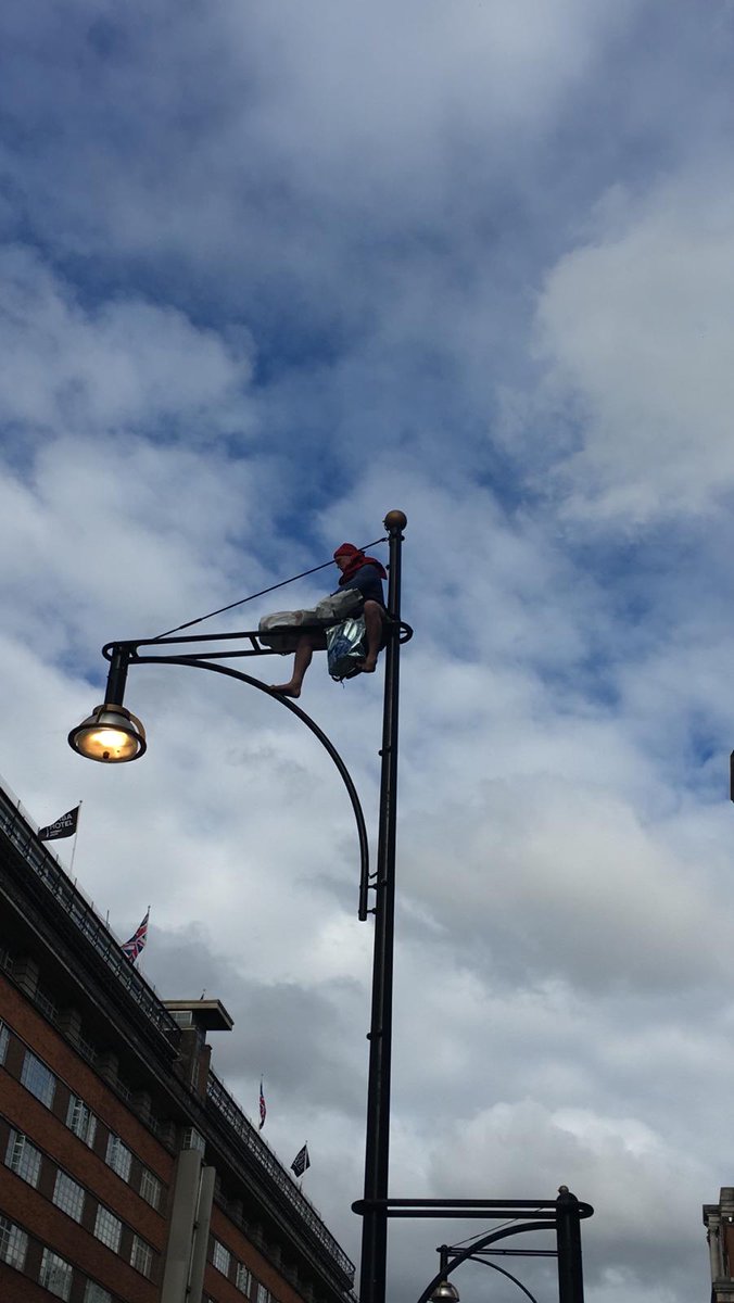 XRLondon's tweet photo. Another #ExtinctionRebellion climber just shimmied up a lamppost in Marble Arch to unfurl a 'CLIMATE EMERGENCY' banner. 💯 #RisingUp #ClimateEmergency #RebelForLife https://t.co/DdMJCmmmiV