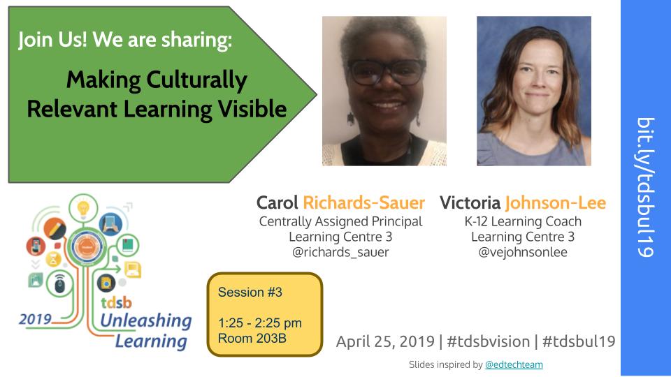 Join us during Session 3 tomorrow to explore culturally responsive pedagogy and visible learning.  How do we know we are being responsive in our classrooms? #tdsbul19 #tdsbvision @richards_sauer