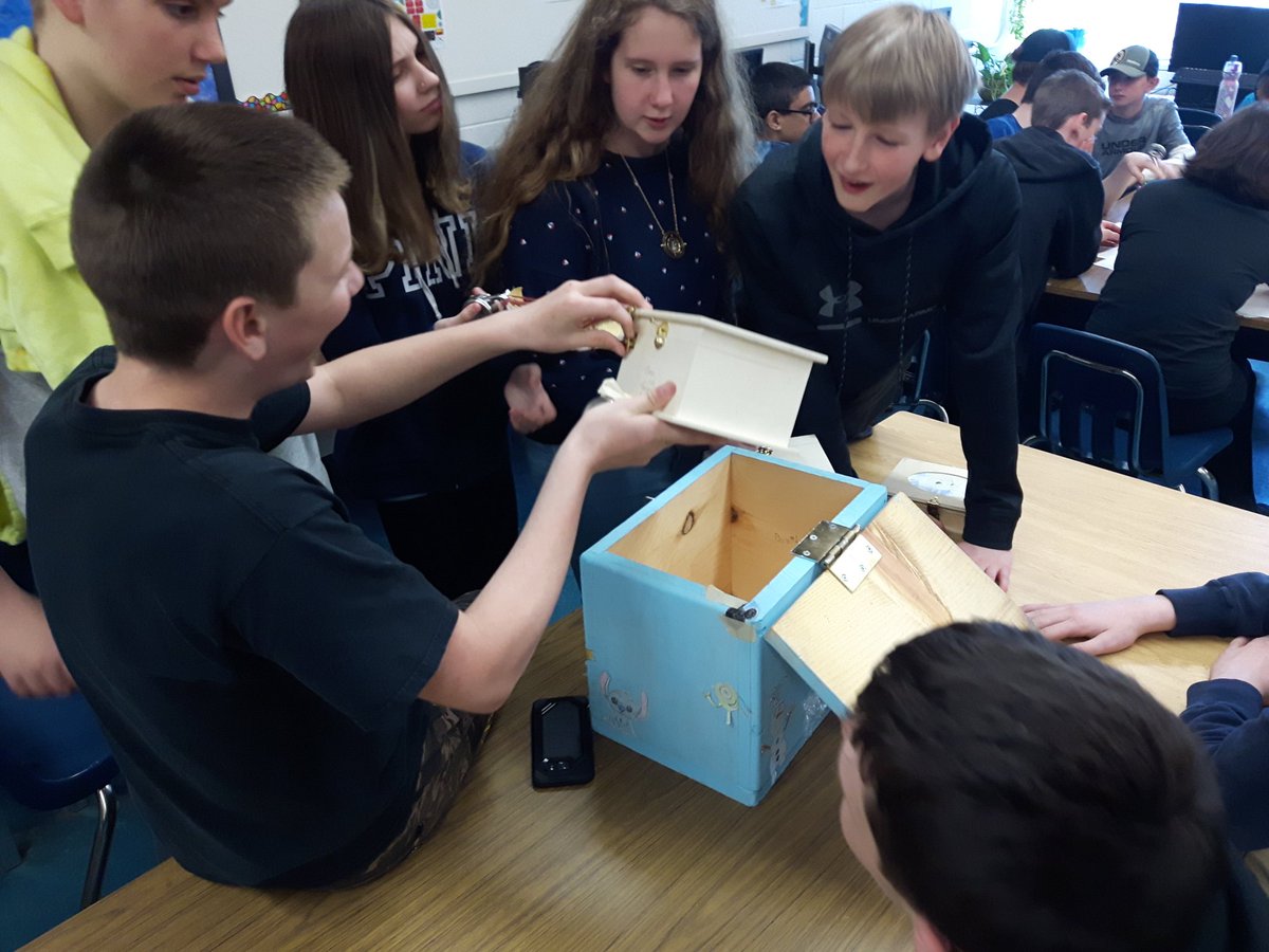 EnrBrant's tweet photo. Student made Breakout Boxes! Very cool! Collaboration amd problem solving @GEDSB @CentennialGw https://t.co/IWpnLWngRf