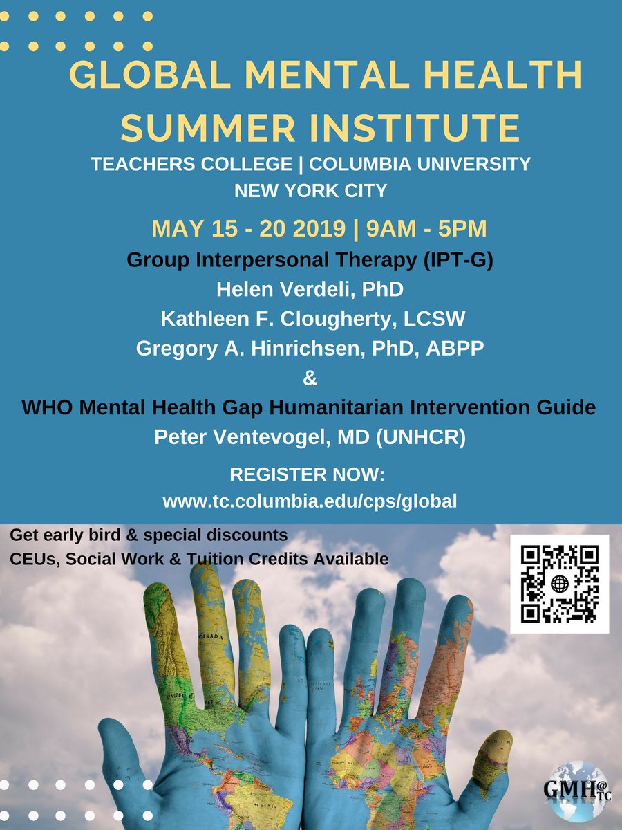 Center for Innovation in Mental Health (@cimh_sph) on Twitter photo The Global Mental Health Lab at Teachers College is hosting their annual Summer Institute training from May 15-20th. <a href="/GMHLab_TC/">Global Mental Health Lab @ Teachers College</a> #mentalhealth
For registration and information on discounts tc.columbia.edu/cps/global The Global Mental Health Lab at Teachers College is hosting their annual Summer Institute training from May 15-20th. <a href="/GMHLab_TC/">Global Mental Health Lab @ Teachers College</a> #mentalhealth
For registration and information on discounts tc.columbia.edu/cps/global